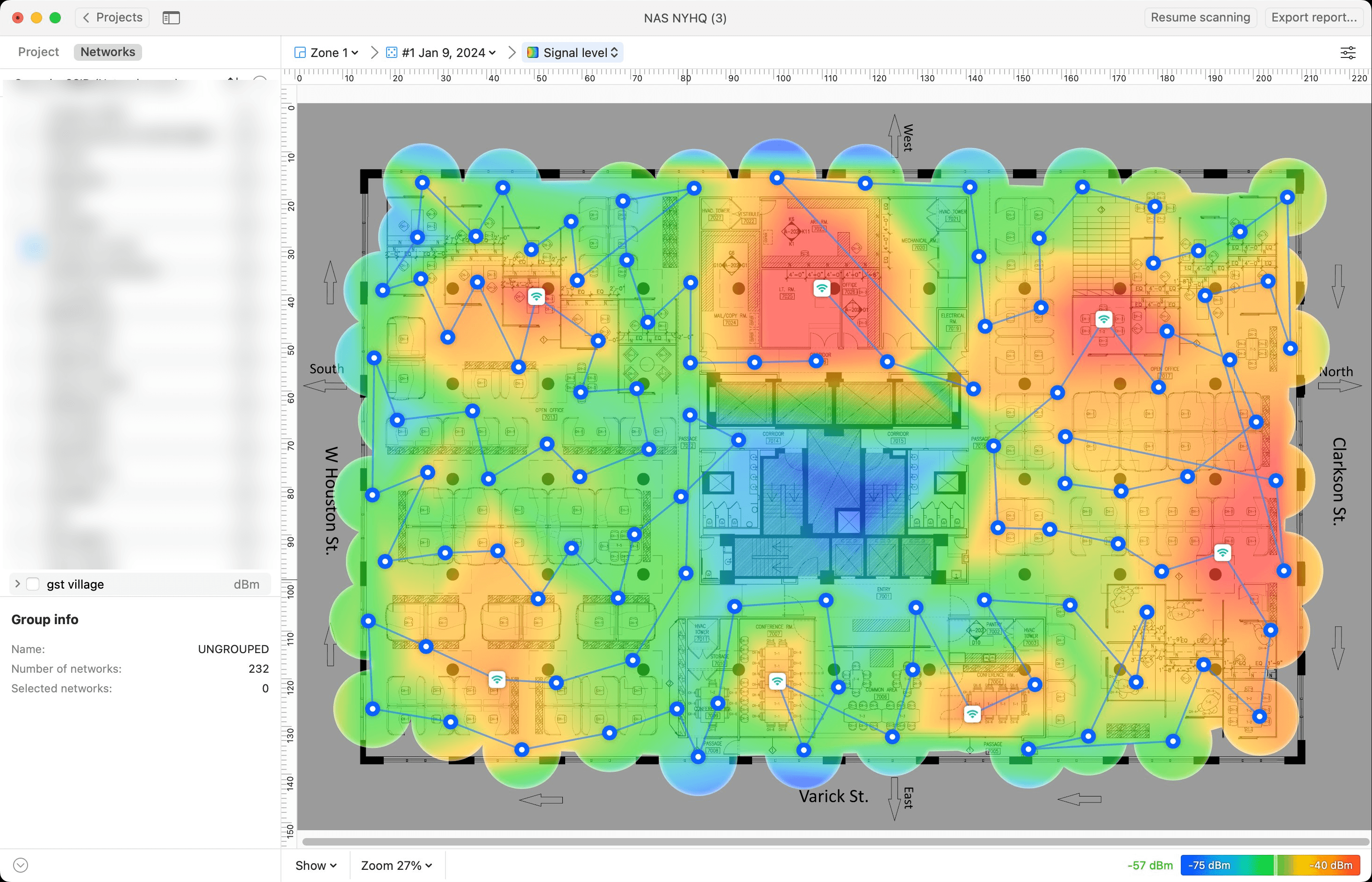 NetSpot 2.4GHz raw signal strength heat map showing broadly adequate coverage across the floor