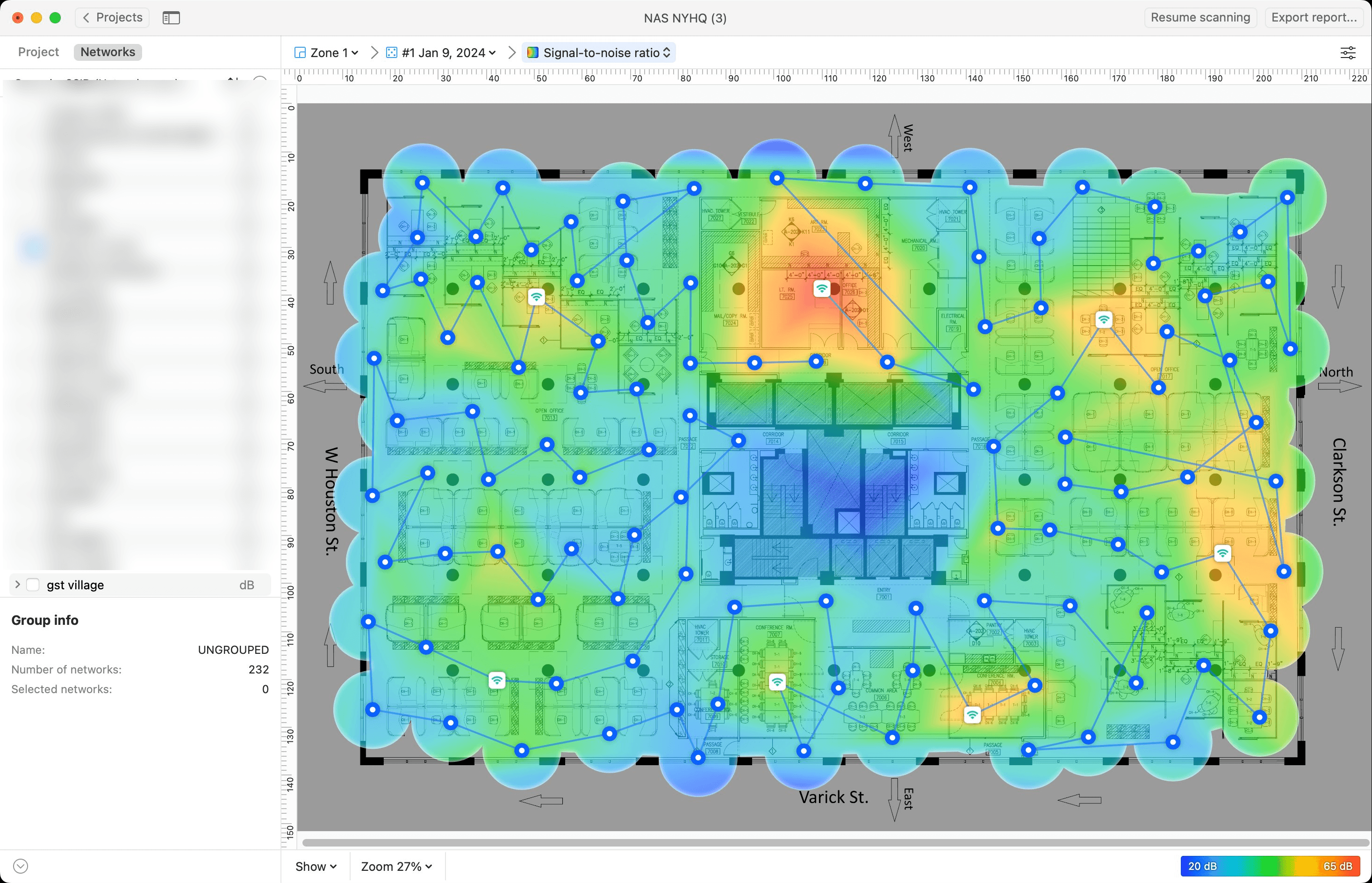 NetSpot 2.4GHz signal-to-noise ratio heat map showing poor SNR across the entire floor despite adequate raw signal