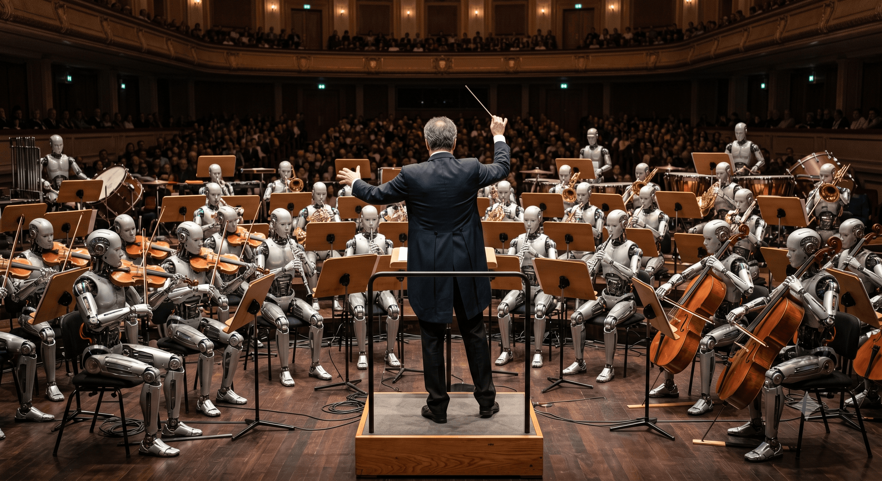 A human conductor leading an orchestra of humanoid robots — orchestrating AI agents across the business.