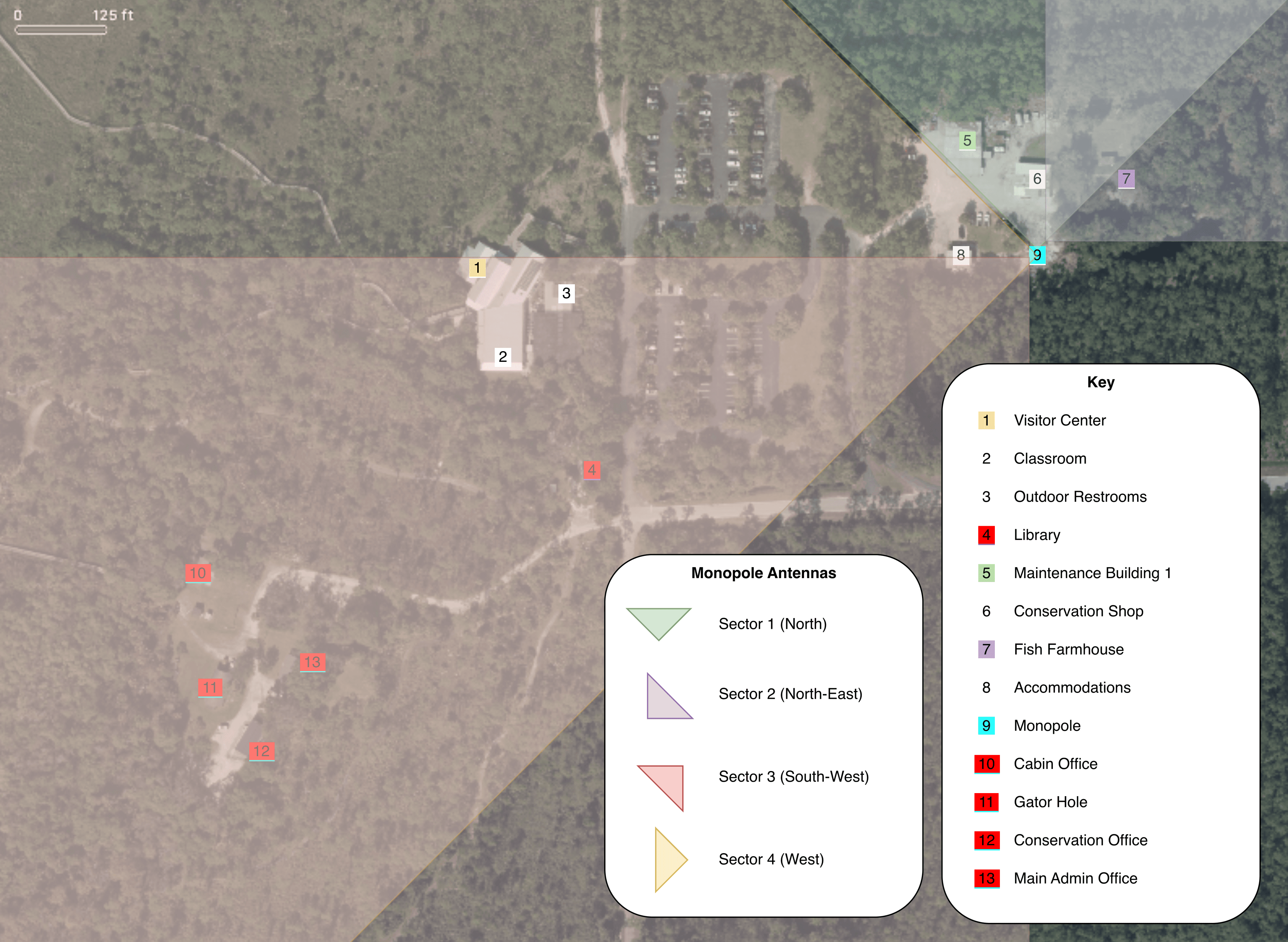 Site map of Corkscrew Swamp Sanctuary showing campus buildings and wireless coverage