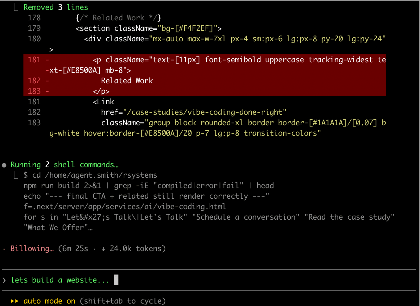 An AI-assisted development session building rsystems.nyc — code edits alongside a live terminal build running in Claude Code.