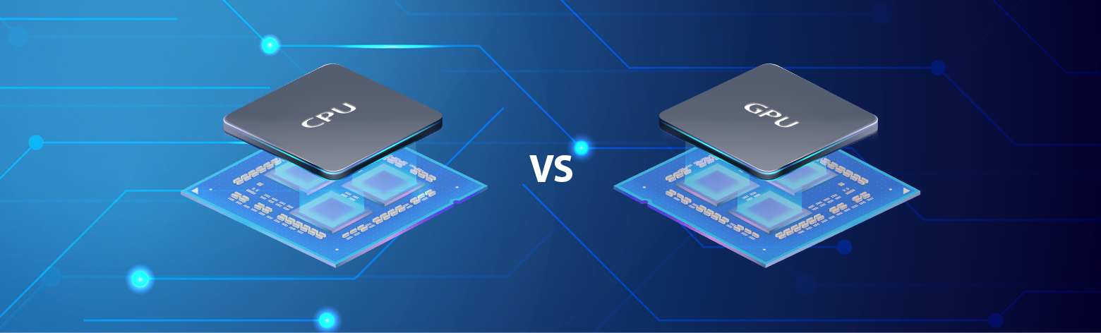 Side-by-side comparison of CPU and GPU architecture showing a few powerful cores vs many smaller parallel cores