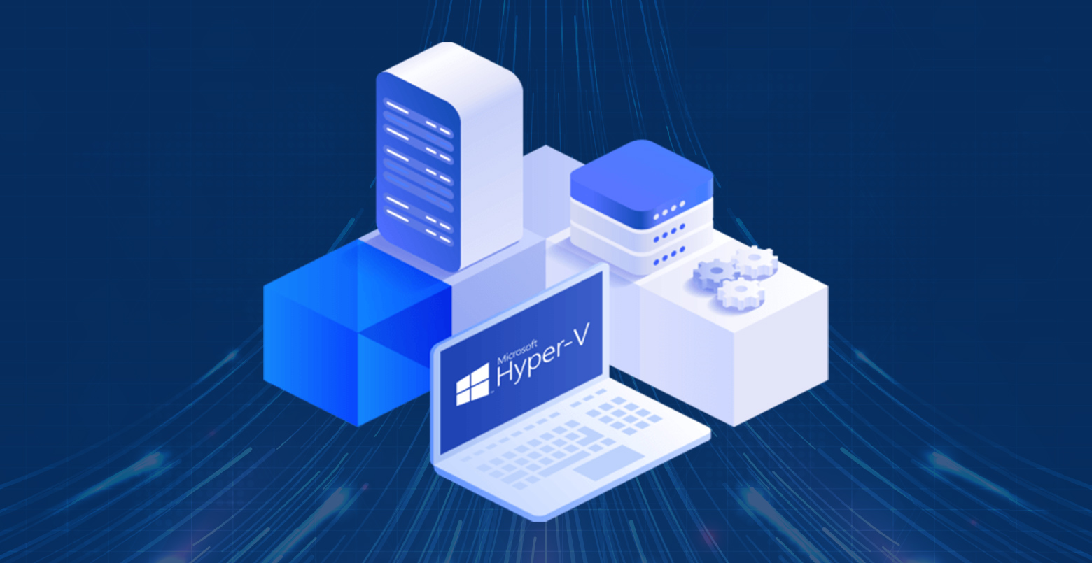 Diagram showing Hyper-V architecture with the hypervisor layer between physical hardware and multiple virtual machines